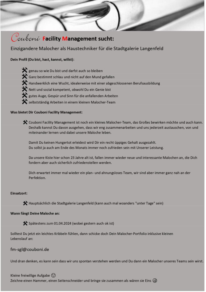 couboni facility management sucht haustechniker stadtgalerie langenfeld Anzeige SGL page 0001 Stadtgalerie Langenfeld